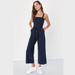 Lulus Navy Blue Cotton Cropped Jumpsuit XS Wide Leg Casual Chic New With Tags